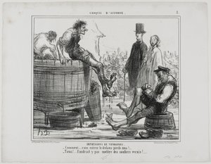 Eindrücke von der Weinlese. „- Was! Sie treten barfuß? - Na und... Sie würden nicht wollen, dass wir es in unseren Tanzschuhen tun!“, Platte 2 aus Croquis D