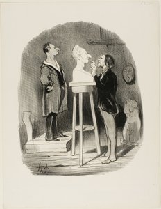 Monsieur Filochard, ehemaliger Ladenbesitzer, im Ruhestand, fühlt das Bedürfnis, seine Büste in Marmor auch der entferntesten Nachwelt zu überliefern, Platte 68 aus Les Bons bourgeois von Honoré Victorin Daumier