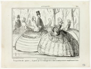 Neue Mode der Halbwelt. Wiederauftauchen der Körbe – es scheint, dass diese Damen mit ihrer Ernte noch nicht ganz fertig sind, Tafel 295 aus Actualités von Honoré Victorin Daumier