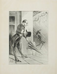 Neuer patentierter Regenschirm mit verbessertem Federsystem, um sich bei der geringsten Berührung schnell zu öffnen (siehe unsere Anzeige zu diesem Thema), Platte 33 aus "Émotions Parisiennes" von Honoré Victorin Daumier