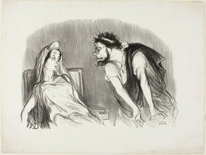 Ödipus. „- Als mein Schwert in sein blutendes Herz schnitt - Sie zittern, Madame - Da brach die Welt zusammen,“ Tafel zehn aus Physionomies tragiques von Honoré Victorin Daumier