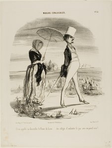 „Also das nennt man dem Strom des Lebens folgen..... gezwungen sein, im Gleichschritt mit so einem Narren zu marschieren!“, Platte 52 aus Moeurs Conjugales von Honoré Victorin Daumier
