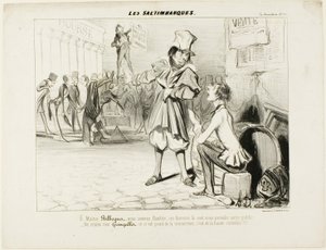 Die Gaukler. „- Oh Maître Bilboquet, wir haben es geschafft... diese Clowns werden uns die Show stehlen! Keine Sorge, Gringaillet, sie sind keine Konkurrenz, sie sind nur Komödianten!,“ aus Les Saltimbanques von Honoré Victorin Daumier
