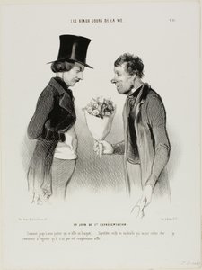 Die Eröffnungsnacht! „Was! Sogar mein Pförtner bietet mir Blumen an!... Um Himmels willen, diese Komödie wird mich ein Vermögen kosten... Ich beginne zu bereuen, dass sie nicht gleich von der Bühne gebuht wurde,“ Tafel zwölf aus Les beaux jours de la vie von Honoré Victorin Daumier