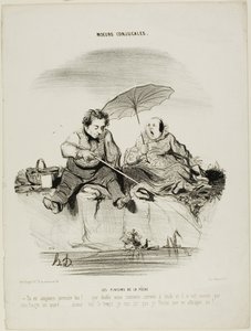 Die Freuden des Angelns. „- Du bist immer so in Eile - Mein Gott, wir sind gerade erst um Mittag angekommen und es ist jetzt erst Viertel nach fünf - Gib mir nur noch ein wenig Zeit, ich bin sicher, ich werde am Ende einen fangen,“ Tafel 50 aus Moeurs Conj von Honoré Victorin Daumier
