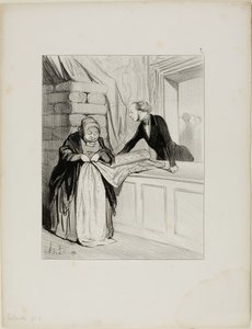 Der Schwindel des Verkäufers. Ein Design aus der Mode. "Diese Art Stoff hat einen wunderbaren Farbton; Madame ist die Erste, der ich es gezeigt habe.... alle unsere jungen Frauen werden sich darum reißen. Was für ein charmantes Design.... es würde wunderba