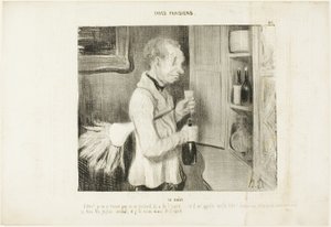 Der Geschmack. „Wow! Ich bin nicht mehr überrascht, warum dieser Kerl so temperamentvoll ist... und er nennt mich ein altes Biest! Lass mich jeden Morgen einen davon haben, und ich werde auch voller Geist sein,“ Platte 40 aus Types Parisiens von Honoré Victorin Daumier