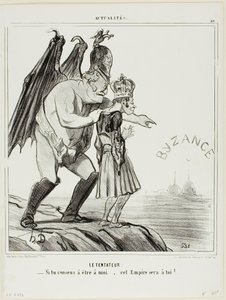Der Versucher. „- Wenn du einwilligst, mir zu gehören... wird dieses Reich dein sein,“ Platte 40 aus Actualités von Honoré Victorin Daumier