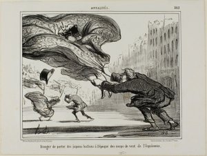 Die Gefahr des Tragens von Reifröcken während eines plötzlichen Frühlingssturms, Platte 26 aus La Crinolomanie von Honoré Victorin Daumier
