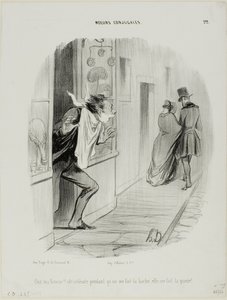 „Da geht meine Frau!! Oh, die Schurkin, während ich mich rasiere, macht sie mich zum Hahnrei!“, Platte 22 aus Moeurs Conjugales von Honoré Victorin Daumier
