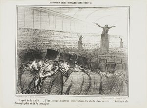 Ansicht der großen Halle. Karte, Höhe und Ansicht von vorne des Dirigenten. Große Allianz zwischen Telegraph und Musik, Platte 1 aus Souvenir Du Grand Festival Des Orphéonistes von Honoré Victorin Daumier