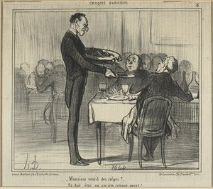 "Möchte Monsieur einige Crêpes?.. - Er muss Bestatter gewesen sein," Platte fünf aus Croquis Parisiens (Pariser Skizzen) von Honoré Victorin Daumier