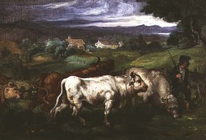 Rinder und ein Treiber in einer Landschaft