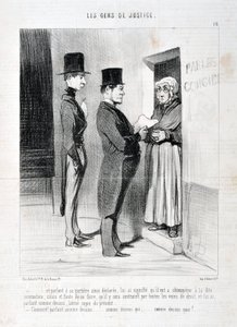 Werk von Honore Daumier (1808-1879). Charivari stammt aus dem Jahr 1845: Serie LES PEANS DE JUSTICE -... und sprach an seiner Tür so erklärte, hat ihm bedeutet, dass er der genannten Vorladung gehorchen musste, andernfalls und im Falle des Versäumnisses, d