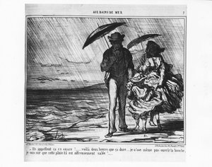 An den Seebädern: Pariser am Meer im strömenden Regen von Honoré Daumier