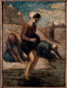 Am Wasser - Junge Frau, die ängstlich ins Wasser geht von Honoré Daumier
