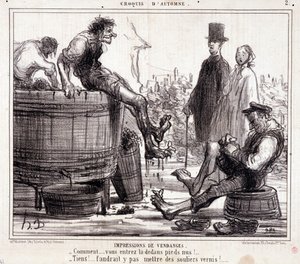 Karikatur über Erntearbeiter, die barfuß auf Trauben trampeln, aus der Serie „Herbstskizze“