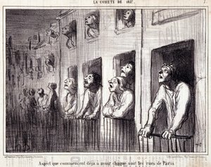 Karikatur über Wissenschaft. Serie „Der Komet von 1857“: „Aspekt, den die Straßen von Paris jede Nacht annehmen“. Gravur von Honoré Daumier (1808-1879). Auszug aus der Zeitung „Le Charivari“. von Honoré Daumier