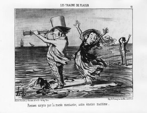 Les Trains de plaisir: Pariser überrascht von der steigenden Flut; andere maritime Emotion - von Daumier „Les chemins de fer“, in „Charivari“ vom 18.09.1852. von Honoré Daumier