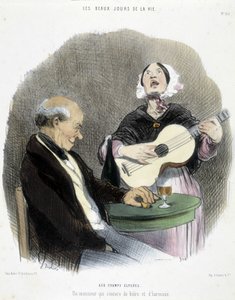 Mann trinkt in Gesellschaft eines Sängers - in „Les Beaux Jours de la Vie“ von Honoré Daumier von Honoré Daumier