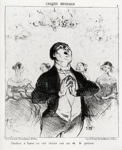 Musikalische Skizzen: versucht, eine reiche Erbin mit seiner Brust zu faszinieren. Illustration von Honore Daumier (1808-1879), veröffentlicht in „Charivari“, datiert 14. Februar 1852. von Honoré Daumier