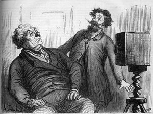 Fotografen und Fotografien. Karikatur von Honore Daumier (1808-1879). Gravur in „Le Monde Illustré“ Nr. 259 vom 29. März 1862.