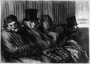 Vergnügungszüge: 10 Grade von Langeweile und schlechter Laune. Karikatur von Honore Daumier. Gravur in „Le Monde Illustré“ Nr. 249 vom 18. Januar