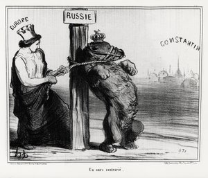 Russland: ein verärgerter Bär (von Europa). Im März 1854 bildeten Frankreich und England eine Allianz mit der Türkei gegen Russland. Illustration von Honore Daumier (1808-1879), veröffentlicht in den Nachrichten, „Charivari“ von Honoré Daumier