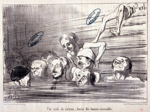 Serie „Les Bains de Mer“: „Aquatische Skizze. Eine Schwimmschule, ein Becken vernünftiger Männer.“ Gravur von Honoré Daumier (1808-1879). Auszug aus der Zeitung „Le Charivari“.