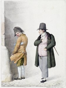 Mann uriniert gegen eine Wand und ein anderer Passant - Lithografie von Brunet