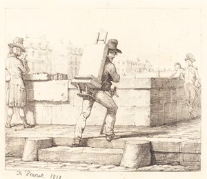 Künstler trägt Staffelei mit einem Lithografiestein von Emile Jean Horace Vernet