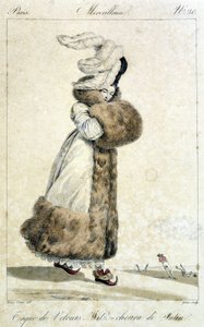 Elegante Frau trägt einen Mantel und einen Samthut mit Federn. Frauenmode-Illustration von Horace Vernet (1789 - 1863) für die Nummer 20, um 1810, eines „Wunderbaren“. von Emile Jean Horace Vernet