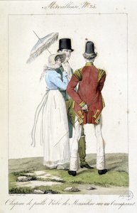 Modegravur von Horace Vernet (1789 - 1863) um 1810 für die Nummer 25 eines „Marvelous“, Darstellung der Damenmode (Strohhut und Chiffonkleid) und der Herrenmode