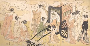 Ein Kirschblütenausflug einer edlen Dame und ihrer Begleiter, ca. 1797 von Hosoda Eishi