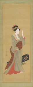 Eine Geisha, die eine Schildpatt-Haarnadel anpasst, späte 18. Jahrhundert von Hosoda Eishi