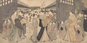 Oiran und Begleiter am O Mon oder Großen Tor von Yoshiwara, ca. 1794 von Hosoda Eishi