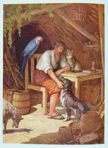 Robinson Crusoe in seiner Hütte, Illustration aus 