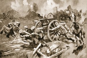 Hufschmied-Sergeant T. Harrison rettet Pferde und Geschütze aus einer unhaltbaren Position unter Granatfeuer, als der kommandierende Offizier verwundet wurde von Howard K. Elcock