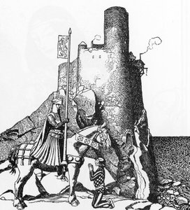 Artussage: Tristan kommt zum Schloss von Nabon Illustration von Howard Pyle (1853-1911) aus „The Story of the champions of the round table“ 1905 Private Sammlung