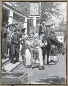 Er hält am Zeichen der Wetterfahne an, Zeichnung der Illustration für das Gedicht von Howard Pyle