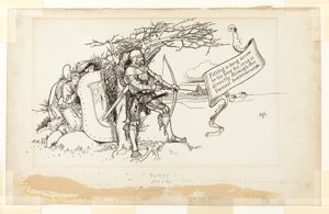 Illustration für Die entgegenkommende Umstände, II; Er passte einen langen Pfeil an seinen Bogen an und schickte ihn direkt durch den vordersten Reiter