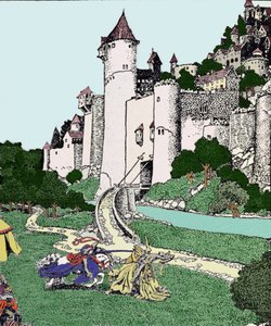 König Artus und der schwarze Ritter kämpfen im Hof von Camelot (Illustration von Howard Pyle)