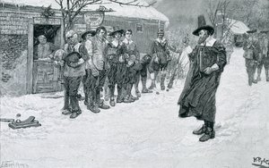 Der puritanische Gouverneur unterbricht die Weihnachtsspiele, graviert von J. Bernstrom, Illustration aus 