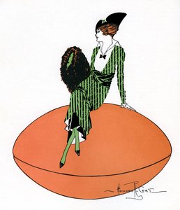 Vintage-Illustration einer Flapper, die auf einem riesigen Fußball sitzt von Howard R. Cort