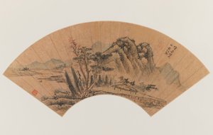 Landschaft auf einem Fächer gemalt (Tinte & Farbe auf goldgesprenkeltem Papier) von Hsiang Chien Huang