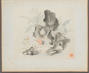 Album von Landschaftsgemälden, die alte Gedichte illustrieren: Kinder spielen in einem felsigen Hain, 1700er von Hua Yan