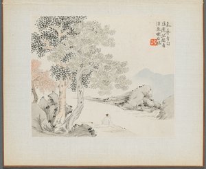 Album von Landschaftsgemälden, die alte Gedichte illustrieren: Drei große Bäume, ein Bach..., 1700er Jahre