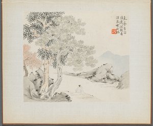 Album mit Landschaftsmalereien, die alte Gedichte illustrieren: Drei große Bäume, ein Bach mit einem alten Mann, der am Ufer sitzt