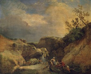 Eine felsige bewaldete Landschaft mit Reisenden, die sich an einem Wasserfall unterhalten