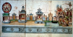 Frontispiz, das die Passion und Auferstehung Jesu Christi illustriert. Von links nach rechts: Paradies (mit einem leeren Raum), das Tor von Nazareth, der Tempel, das Tor von Jerusalem, der Palast (mit dem Haus der Rätsel), das Doree-Tor, das Limbo der Väte